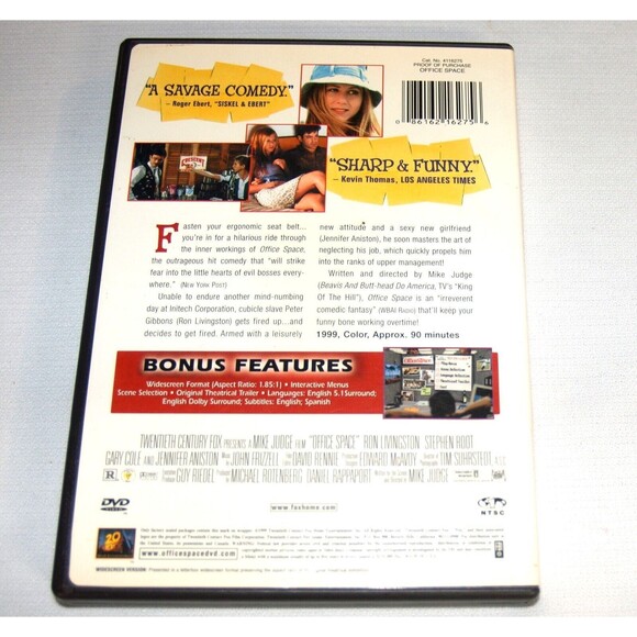 Office Space DVD the movie Wide Screen Verson Jennifer Aniston - Picture 2 of 3